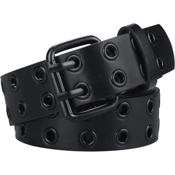 Other - Men's All Black Double Prong Alloy Buckle Vintage Punk Jeans Pu Leather Belts